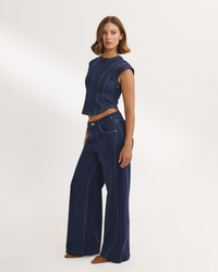 Dipped-Waist Wide-Leg Jeans - Indigo Blue
