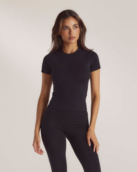 Cotton Blend Short Sleeve Top - Black