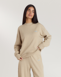 Cuffed Crew Neck Knitted Jumper - Oatmeal Marl